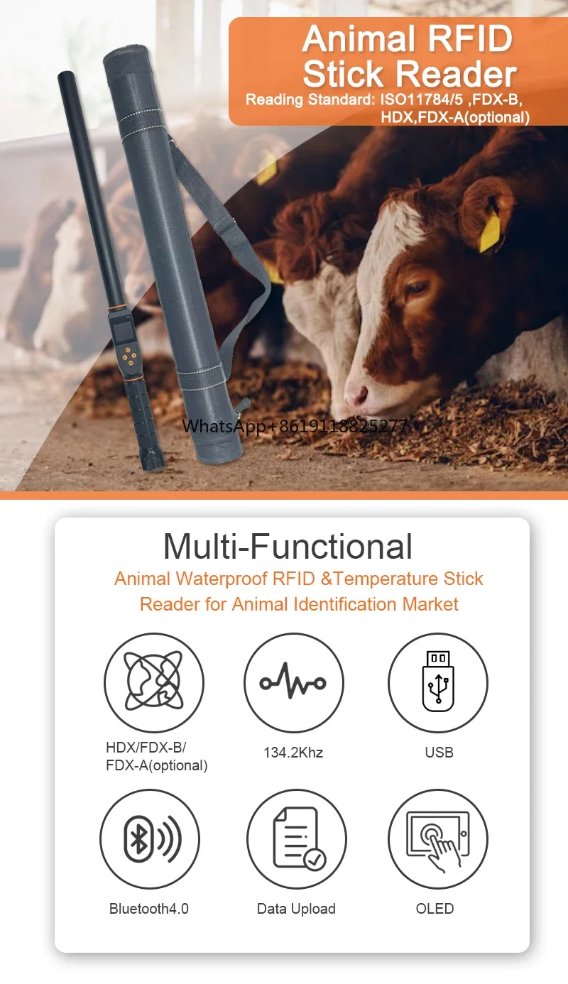 Lettore RFID a lungo raggio Stick FDXA per bestiame opzionale equino bovino mucca orecchio tag monitor sanitario scanner di chip di temperatura OLED