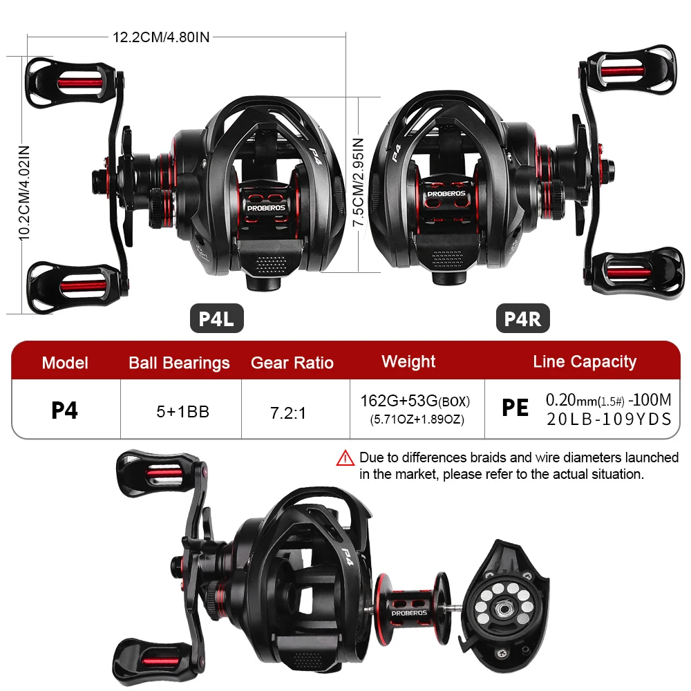 PROBEROS Baitcasting-Rolle 7,2:1 Übersetzungsverhältnis 5+1BB 8 kg/18 lb Drag 162 g Metallgehäuse Gusstrommelrad Salzwasser-Angelrolle Pesca – Detail 2