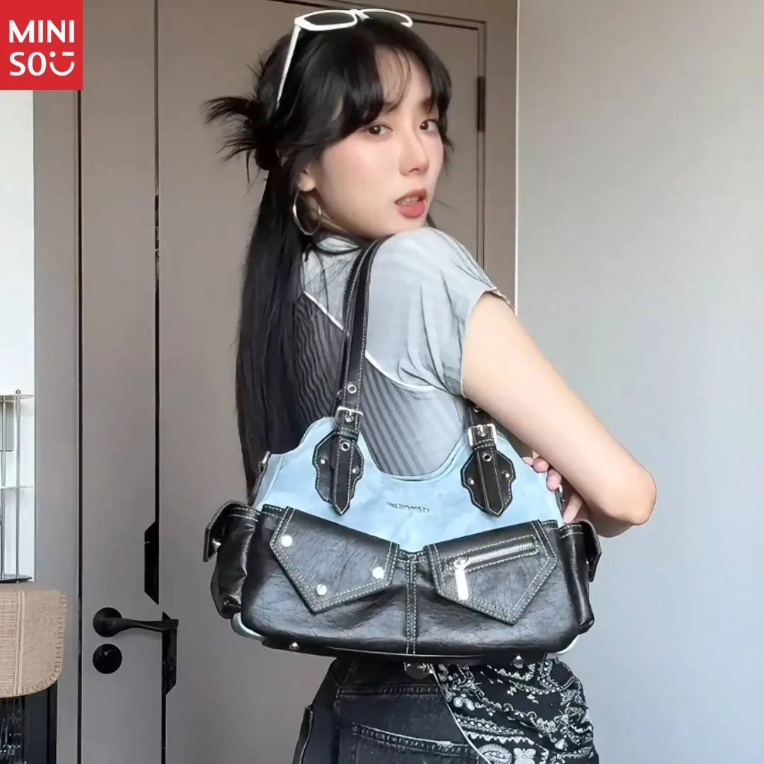 

Miniso Unique Design Retro Color Block Denim Bag, Shoulder Underarm Crossbody Handbag for Women