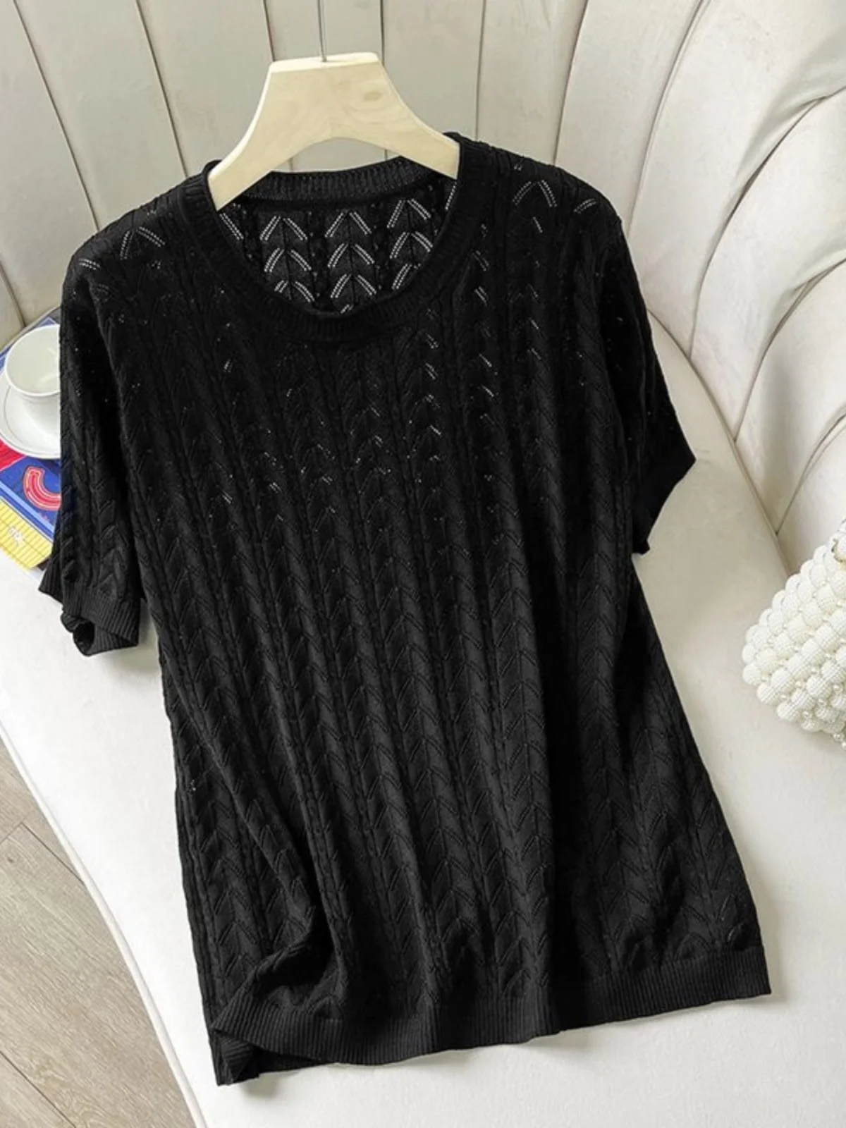 เสื้อยืดไซส์ใหญ่สำหรับผู้หญิง ฤดูร้อน ทรงกลม ผ้าถักแบบโปร่ง ปิดหน้าท้อง ทรงหลวม สไตล์เกาหลี เสื้อยืดบาง