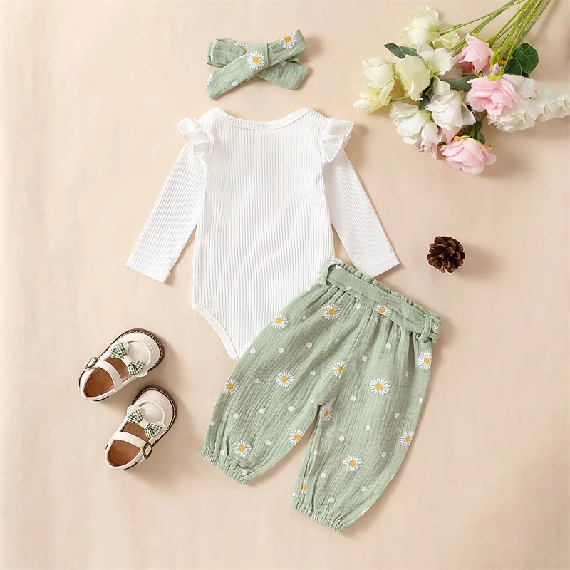 Toddler Baby Girls 3PCS Pants Sets White Long Sleeve Ruffle Romper Daisy Print Belted Pants Headband Children\'s Clothing Sets