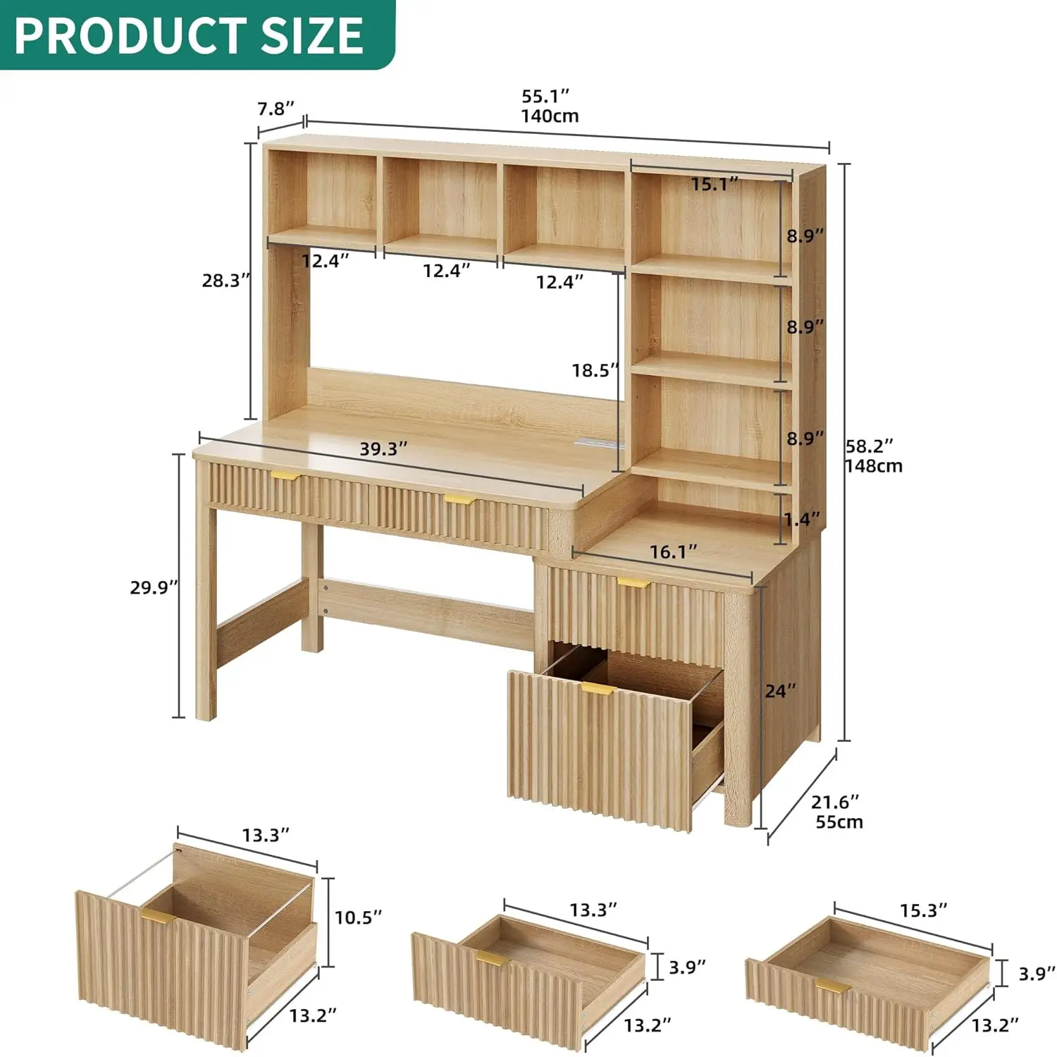 مكتب كمبيوتر مزود بخزانة وأدراج، مكتب مكتب مقاس 55 بوصة مع أرفف تخزين وحامل طابعة، مكتب ألعاب مزود بمنافذ طاقة #2