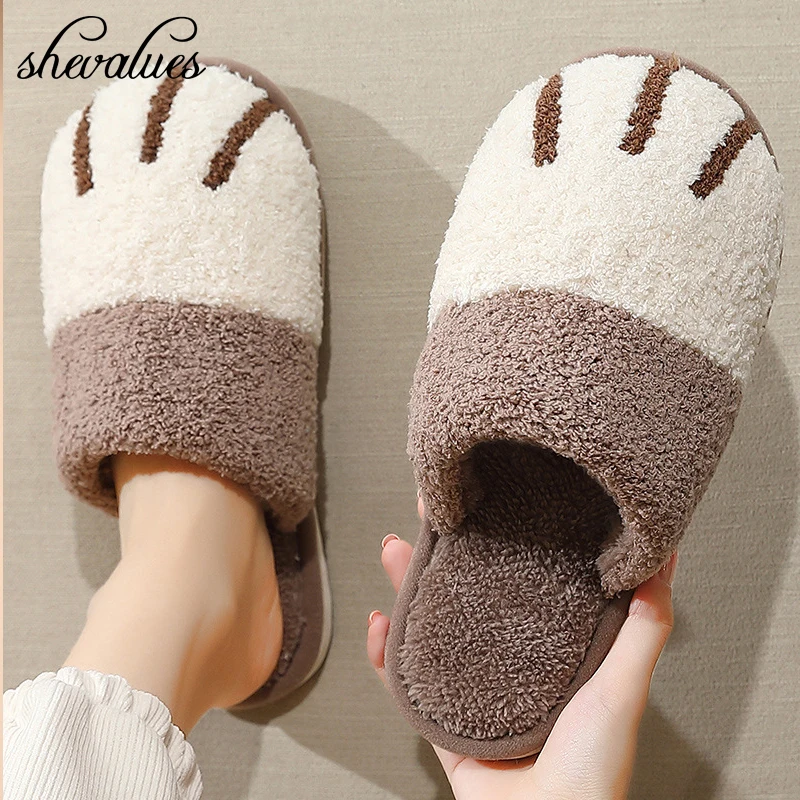 Shevalues Indoor Warm Plush Slippers For Women Men Cute Cat Paw Designe House Fur Slippers Mute Flats Slides Indoor Fluffy Shoes