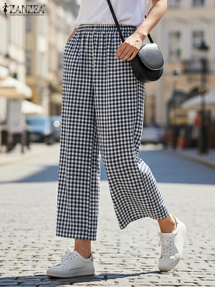 

Женские повседневные клетчатые брюки с эластичной резинкой на талии, винтажные брюки ZANZEA, лето 2026, элегантные свободные широкие брюки, рабочие брюки Palazzo Oversize