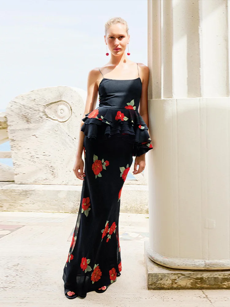 

Elegant Printed Vest Long Dress 2-piece Set Female Backless Sleeveless Zipper Layered Ruffle Sling Tops Set 2025 Summer Outfits