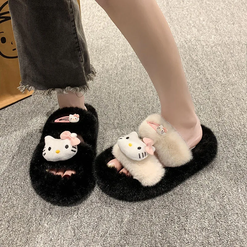 

Girl Cute Hello Kitty Hairy Slippers Female Winter Parent Child Thick Bottom Outerwear Office Large childreCotton Slippers