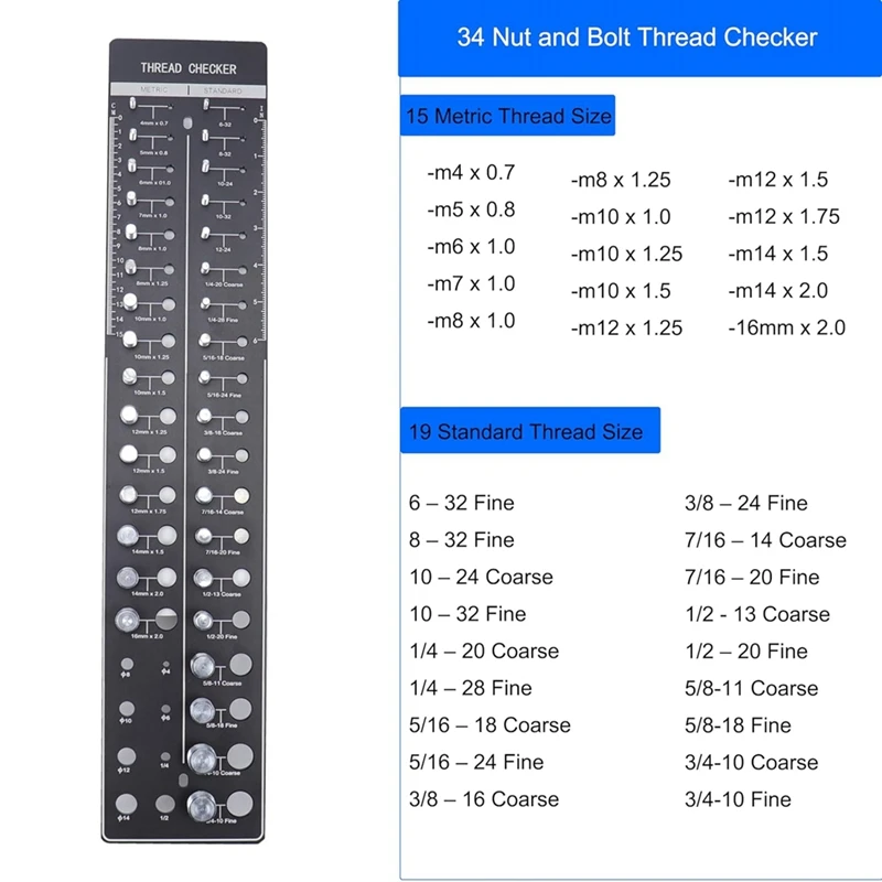 1 PCS 34 Nut And Bolt Thread Checker, Nut And Bolt Identification Tool Ruler, Bolt Size And Thread Gauge Standard And Metric