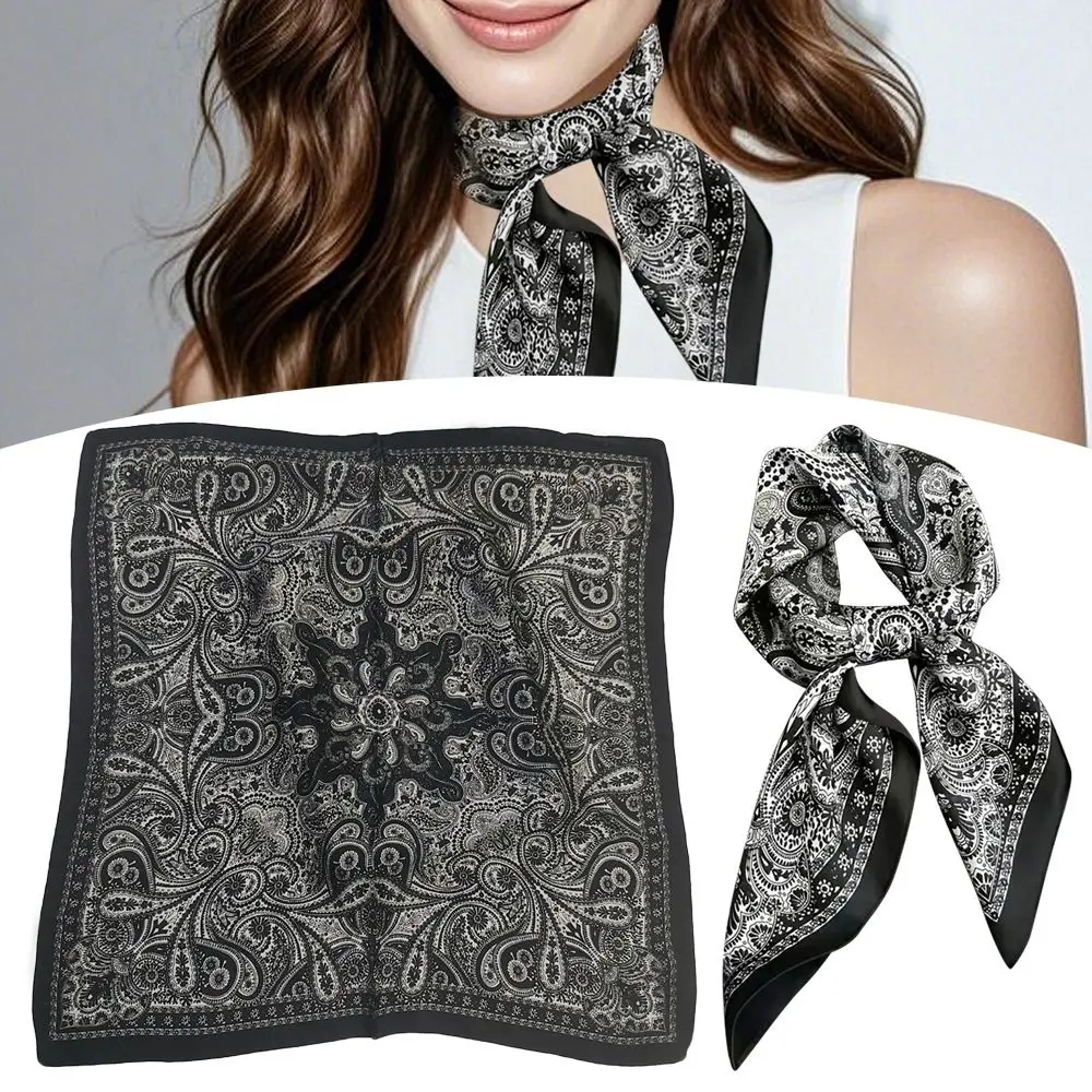

Retro 70*70cm Hair Scarf Square Simulated Silk Hair Rope Ties Sun Protection Bohemia Style Female Foulard Women