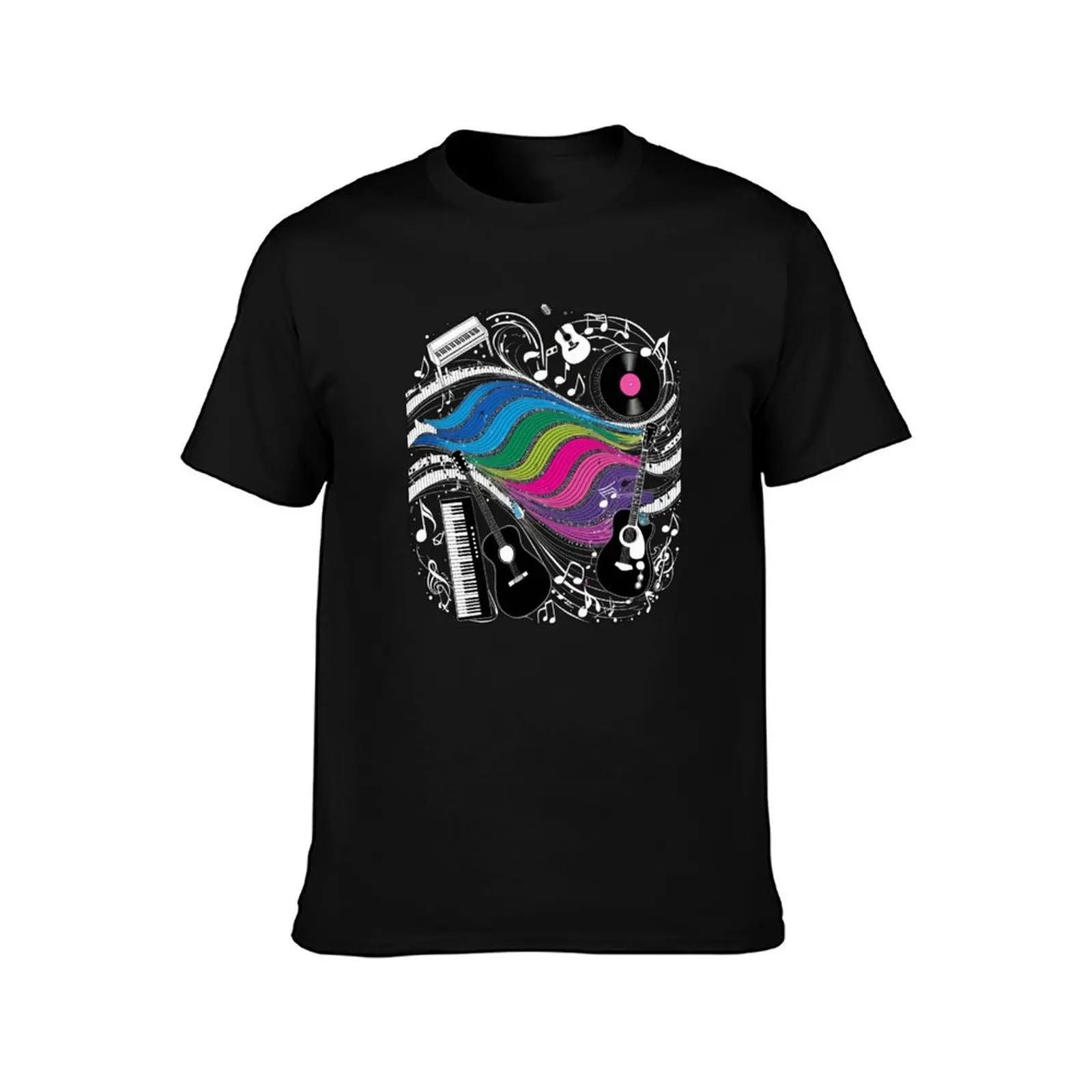 Vibrant Music-Themed Design with Colorful Sound Waves and Musical Elements T-Shirt Basic Casual Wear Short Sleeve Top T-Shirt