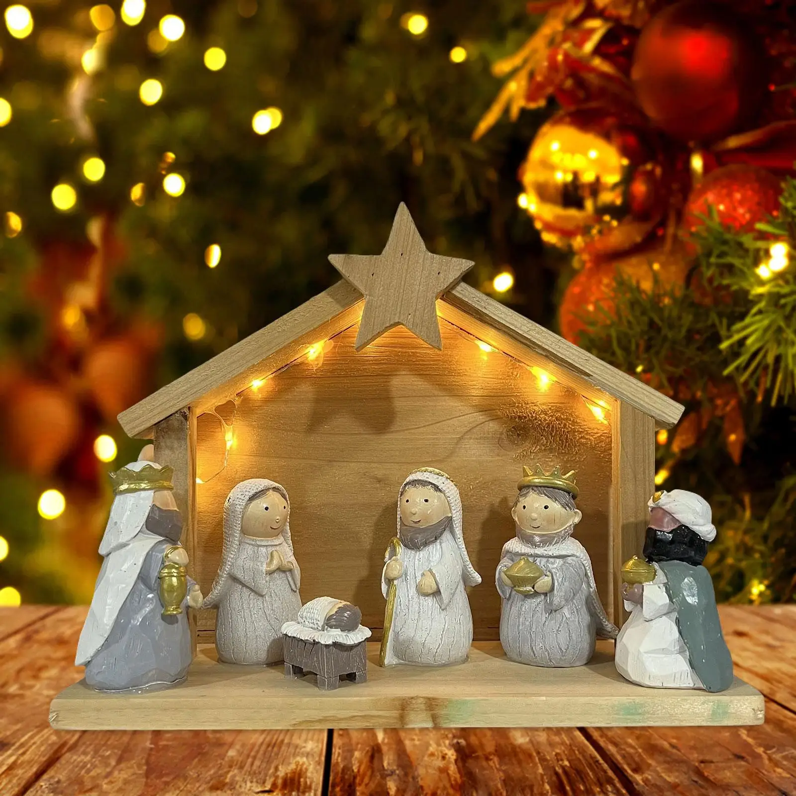 Christmas Nativity Scene Statue with Light Delicate for Shelf Home Cabinet