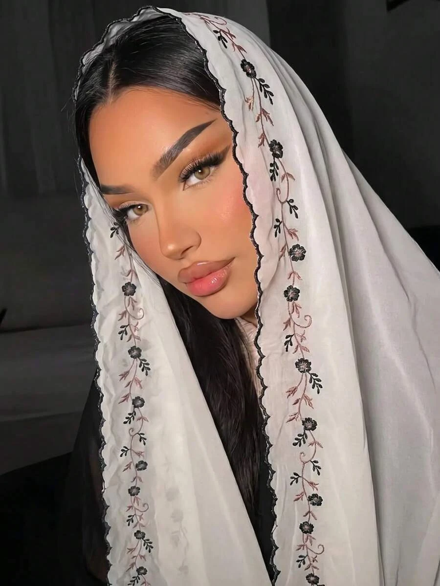 Floral Embroidery Chiffon Hijab Wave Scalloped Edge Scarf Soft Shawl Islamic Ladies Shawl Muslim Women Headscarf