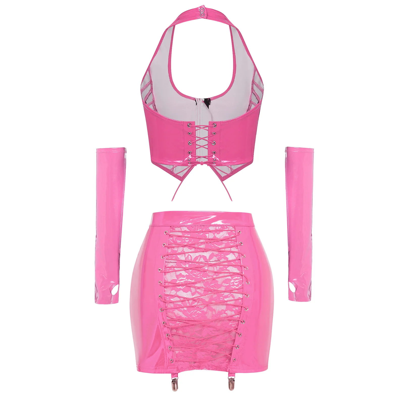 Womens Wetlook Clubwear Lingerie Outfits Glossy PU Halter Crop Top And Bodycon Skirt for Retro Funk Disco Party Pole Dance Set