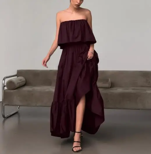 

French Fashion Elegant Style Solid Ruffle Edge Patchwork Decoration High Waisted A-Line Backless Sleeveless Strapless Dress