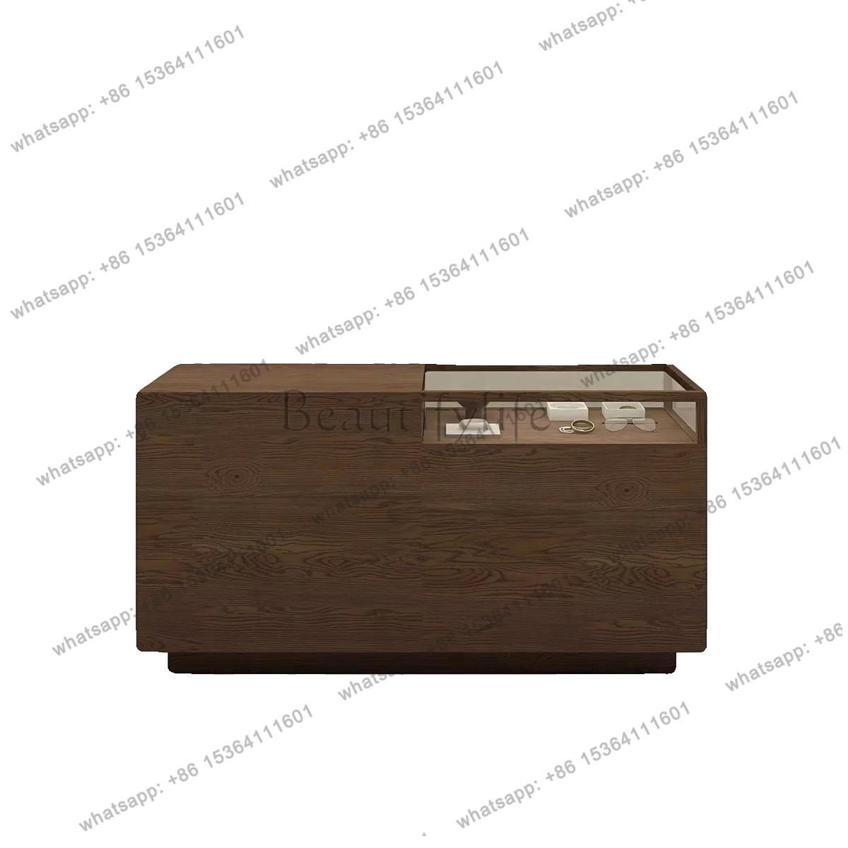 Vintage wood grain Nakashimadai clothing store cashier display glass reception desk