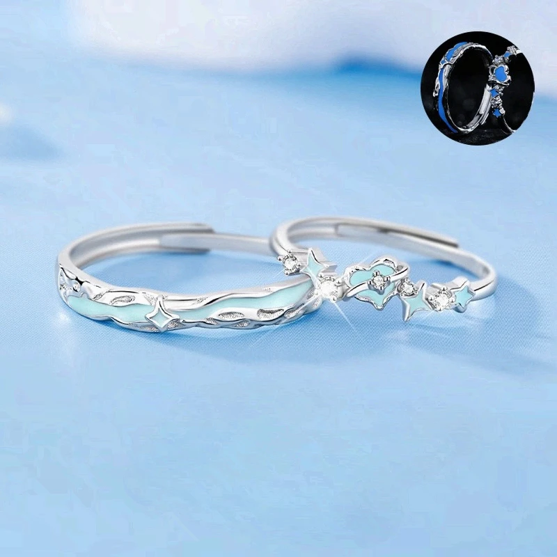 1 Pair Forget-Me-Not Glow Enamel Couple Wedding Bands His Hers Matching K-Plated Minimal Daily Party Wear V-Day Gift All-Year