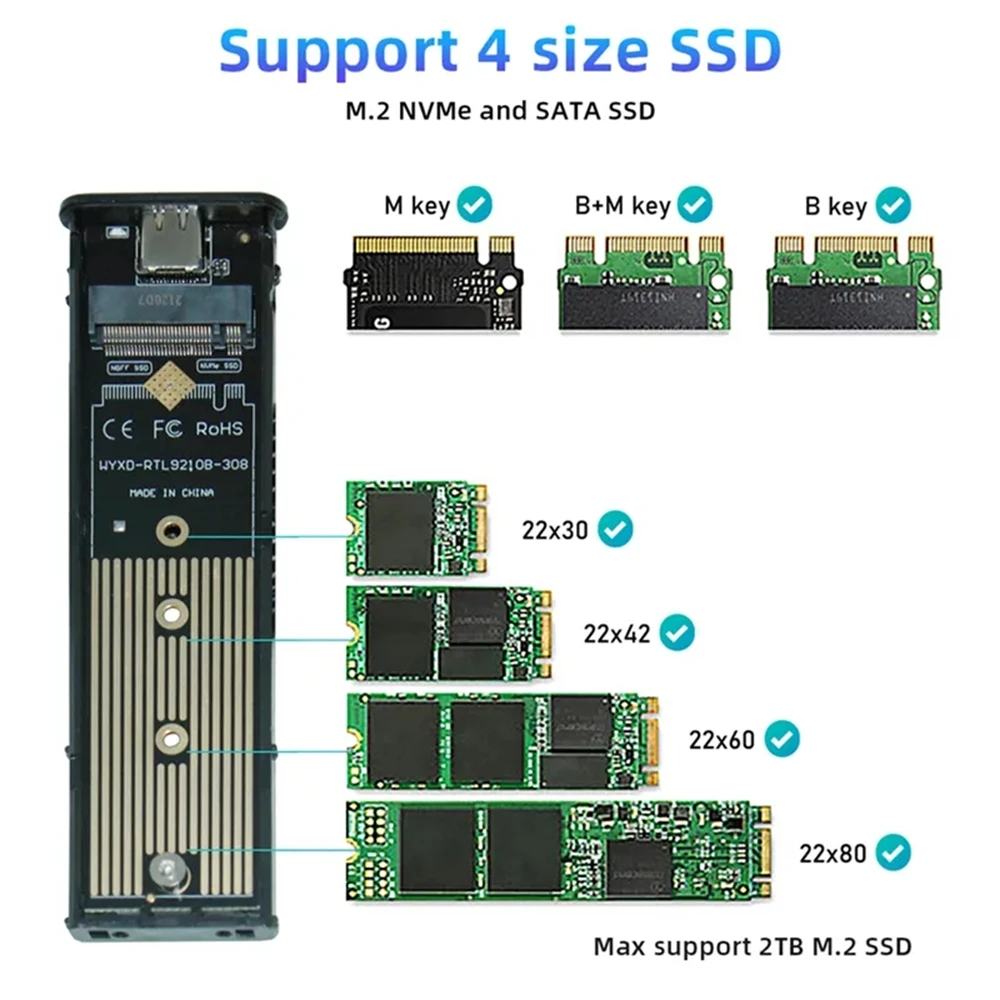 GUDGA M2 SSD Case NVMe Enclosure M.2 ke USB 3.1 SSD Adapter untuk NVME PCIE NGFF SATA M/B Key 2230/2242/2260/2280 RTL9210B Protokol Ganda SATA NVMe NGFF SSD Box Perangkat penyimpanan portabel dan aksesori