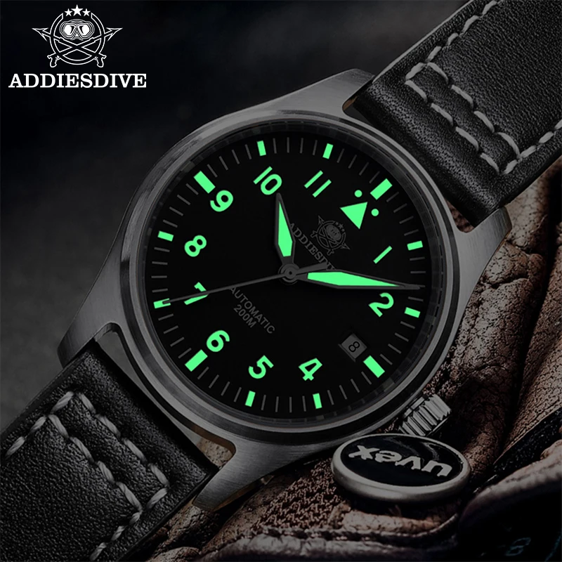 

ADDIESDIVE Men's Automatic Mechanical Watch Sapphire Glass 200m Waterproof Wristwatch Leather Strap Super Luminous Dive Watches