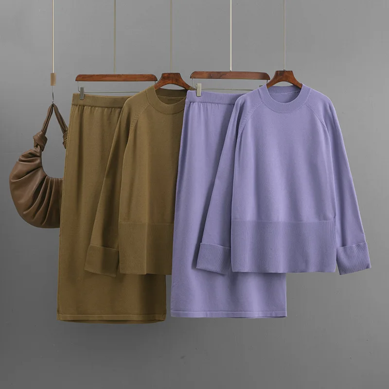 Faionable Round Ne Loose Strickrock Set Herbst Winter Damen Long Sve Color orm Sle Ensemble