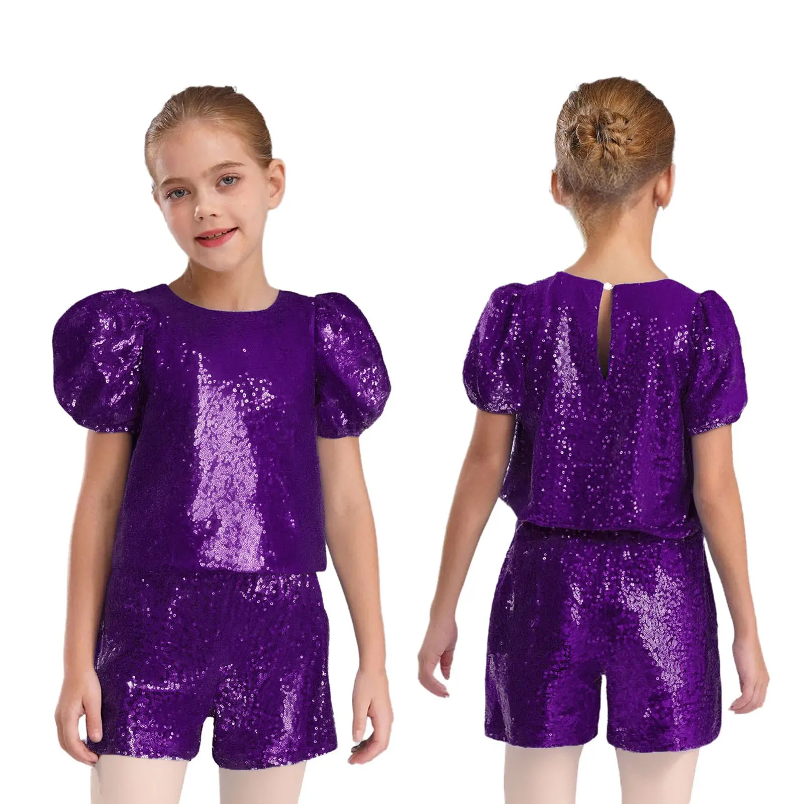 Costumes de danse Jazz à paillettes pour enfants filles, ensemble haut de pom-pom girl à manches bouffantes + short, vêtements de spectacle de salle de bal Hip Hop