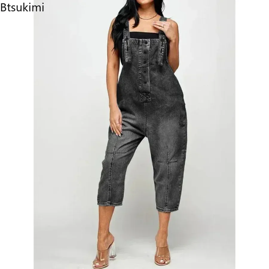 Новинка 2025, женский модный джинсовый комбинезон, свободный комбинезон с широкими штанинами и карманами на пуговицах, тонкий женский комбинезон с высокой талией на подтяжках