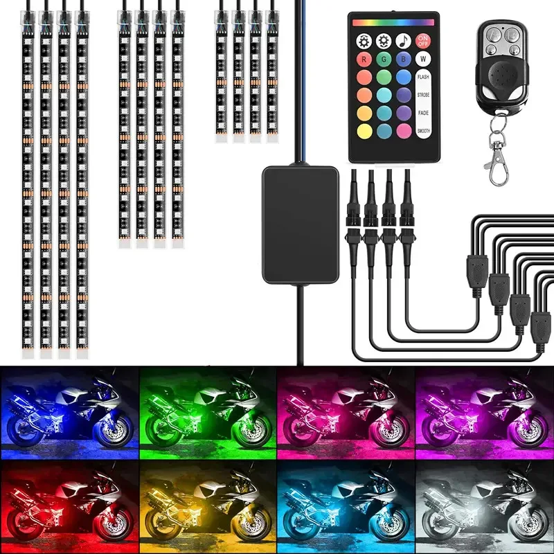 

Motorcycle RGB Ambient Light, 1-to-12 LED Strip with Brake Turn Signal Sync, Music Mode