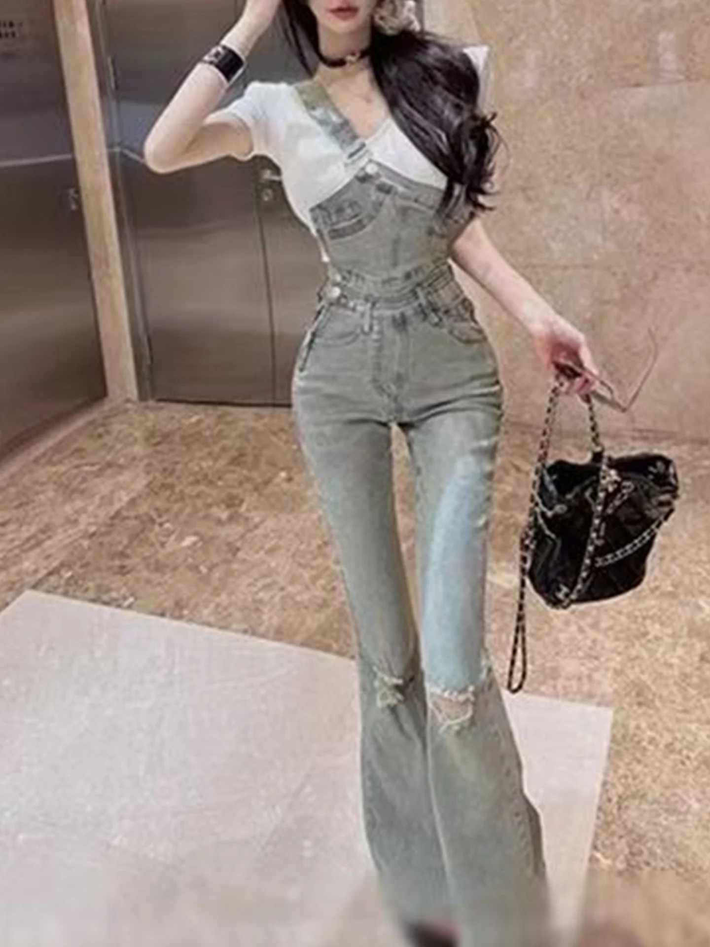 Retro Faded Denim Overalls Women's Slimming High Waist Bell Bottoms Single Shoulder Micro Flared Long Pants American Style