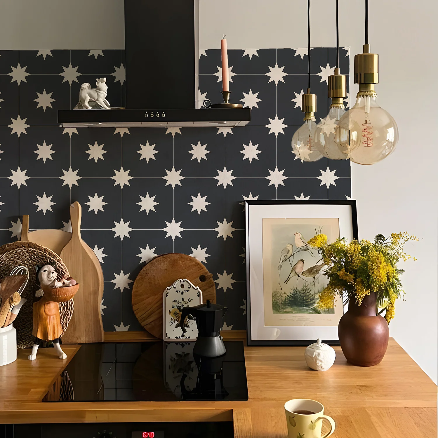 20x20cm Black Starburst Peel and Stick Backsplash Tiles, Waterproof and Removable for Kitchen and wall decor