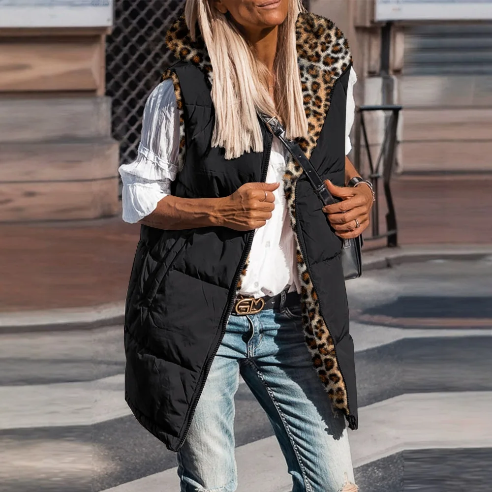 Sleeveless Jacket Women Vest 2025 Autumn Winter Latest Leopard Pattern Zip Up Hoodie Pockets Long Warm Winter Coat Streetwear