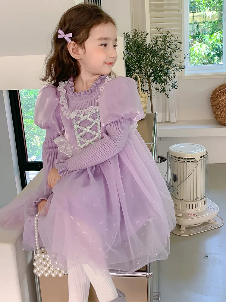 Autumn Dress for Baby Kids Girls Vestidos Birthday Party Dress Princess Evening Girl Dresses Mesh Purple Children Clothes Girls