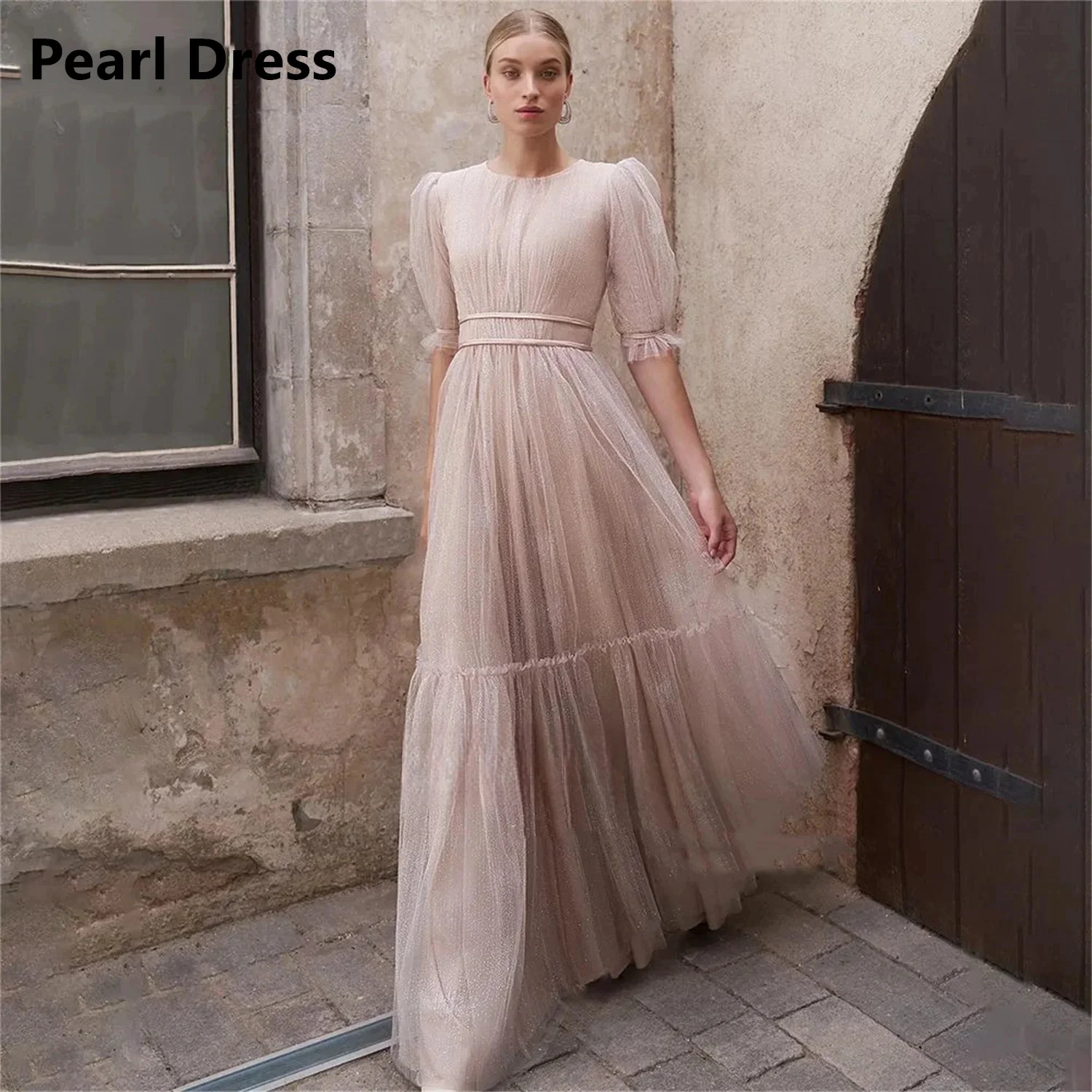 Pearl O Collar Evening Dresses Woman Elegant Party Dresses for Women Luxury Evening Dresses 2024 Belt Puff Sleeves Nude Pink