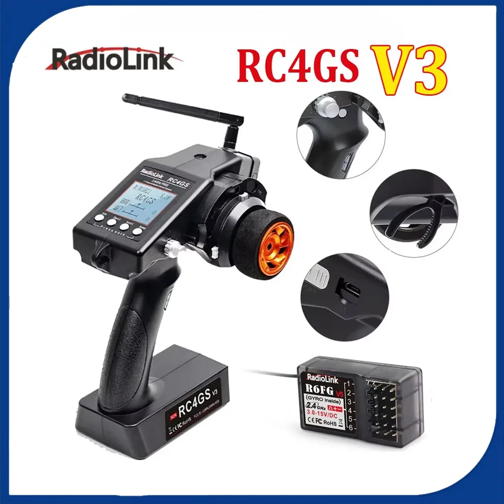 RadioLink RC4GS V3 2.4G 4CH 400M Distance Remote Controller Transmitter & R6FG Gyro Inside Receiver for RC Car Boat