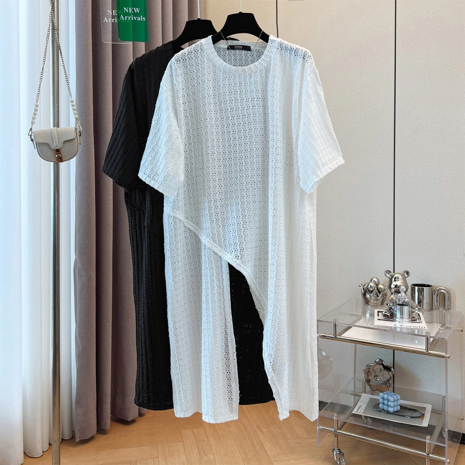 

Loose Casual Maxi Hollow out Trendy Faion Asymmetrical Top Middle-Length Korean Sle plus Size Women's Dr