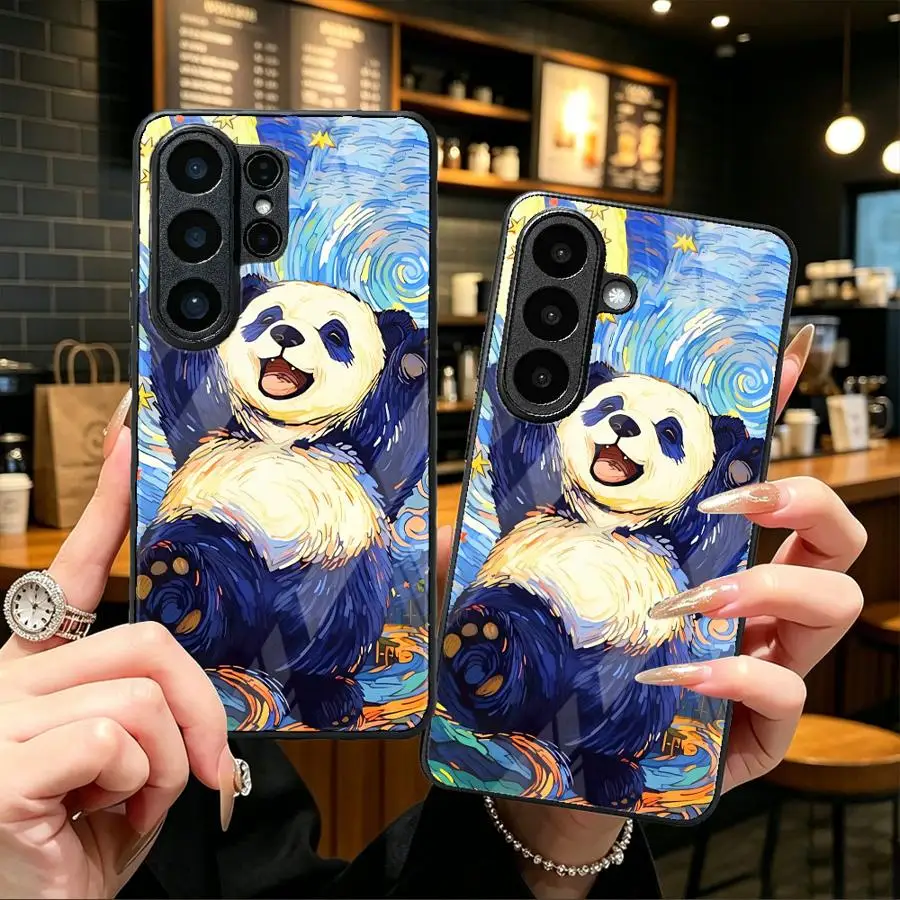 Happy Panda Print Glass Case for Samsung Galaxy S26 Ultra S23 FE S23+ S24+ 24 Plus 25 Edge S26+ S22 S21 S25+ S20 Phone Cover