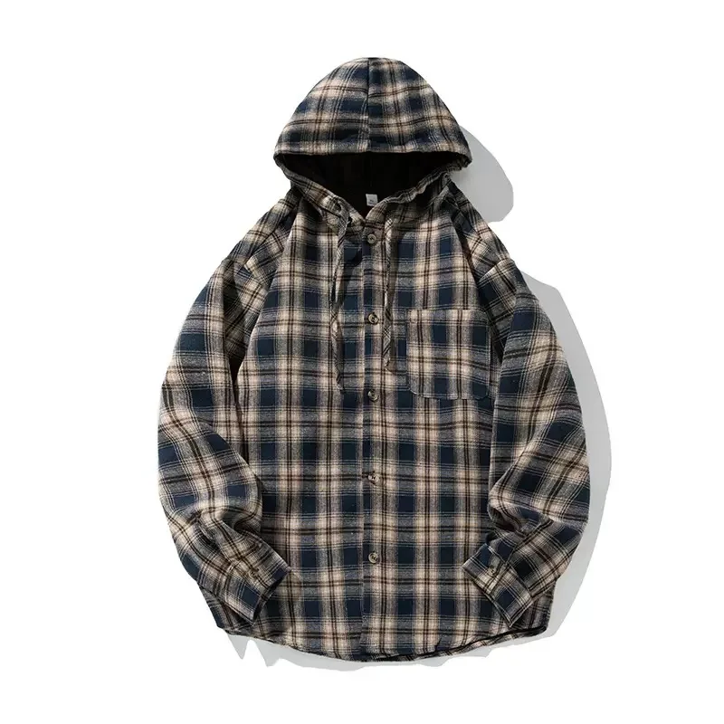 Autumn and Spring New Fashion Trend American Vintage Plaid Hooded Shirt Men's Casual Loose Sports High Quality Long Sleeve Shirt