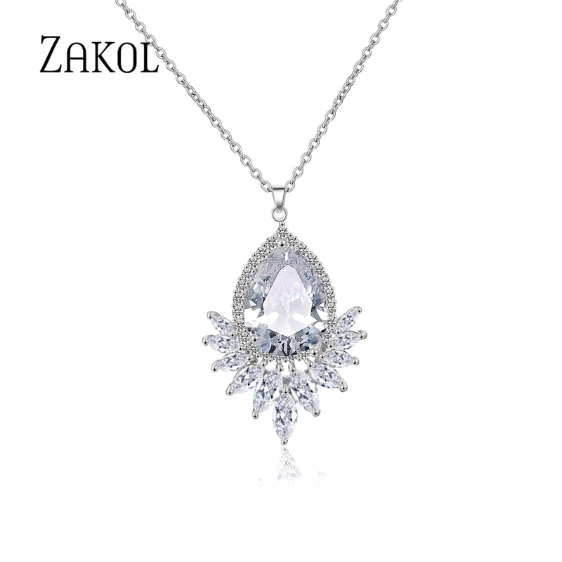 ZAKOL Trendy Zircons Women Pendent Necklace Sparkling Big Water Drop Shape Jewelry For Bridal Birthday Gift NP2023