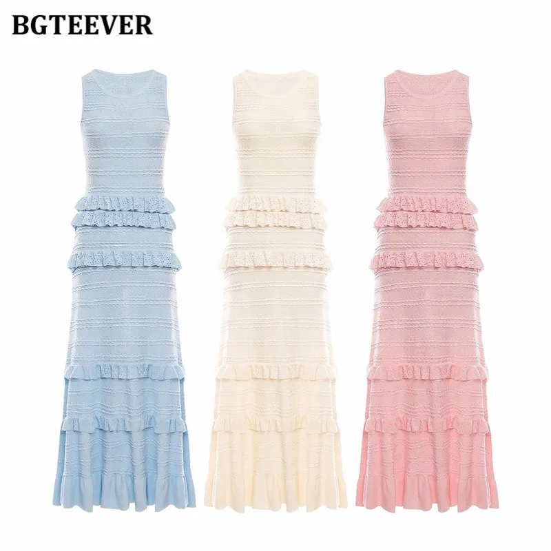 BGTEEVER Stilvolles, figurbetontes Kleid mit O-Ausschnitt und Rüschen für Damen, elegantes, ärmelloses Damen-Pulloverkleid