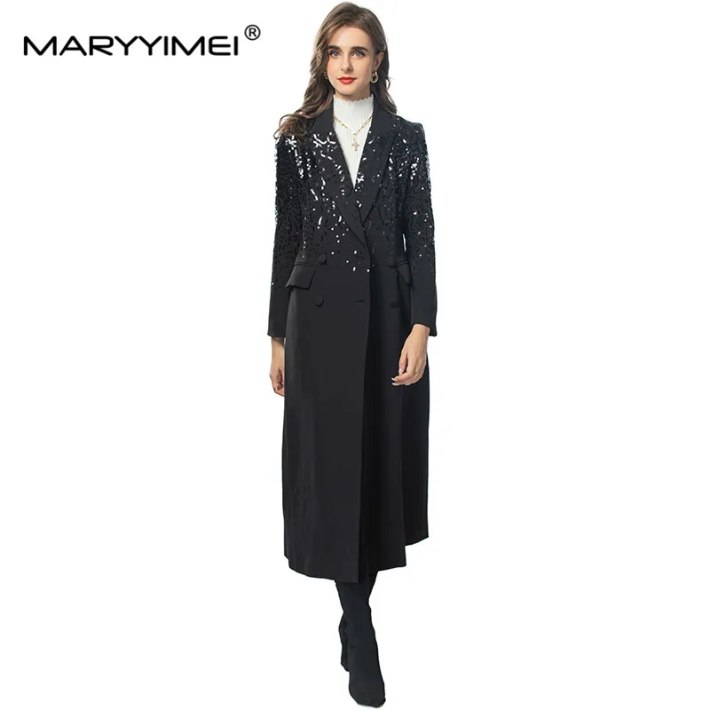 MARYYIMEI Elegant Autumn winter Fashion Coat Women\'s long sleeve Notched Sequins Double breasted Black Daily Basic Long Overcoat