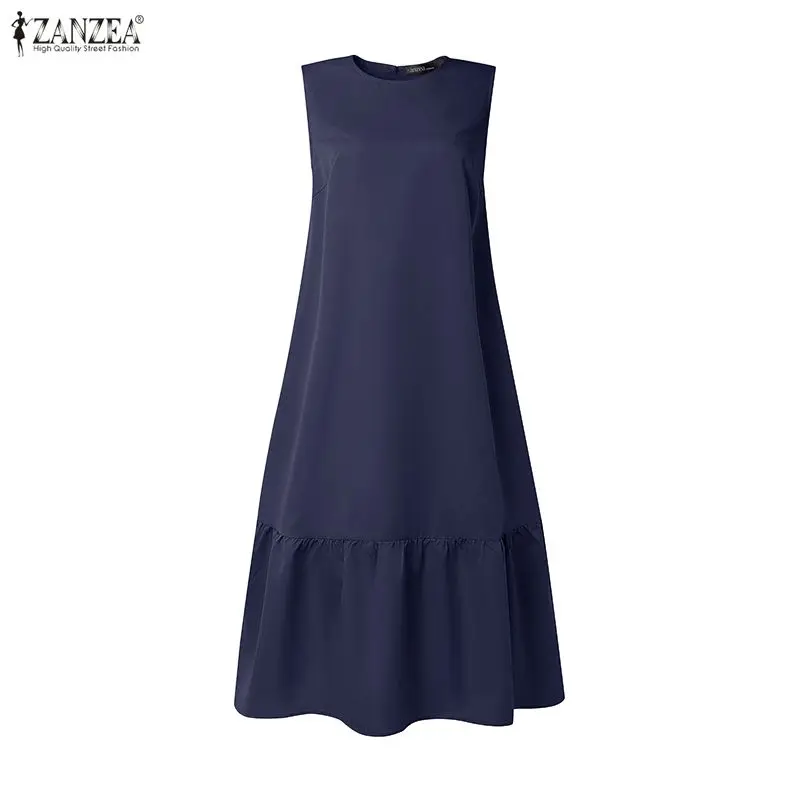 Damen-Sommerkleid mit Rüschensaum, O-Ausschnitt, ärmellos, einfarbig, Midi-Kleider, ZANZEA, minimalistische Alltagskleidung, Roben für Damen