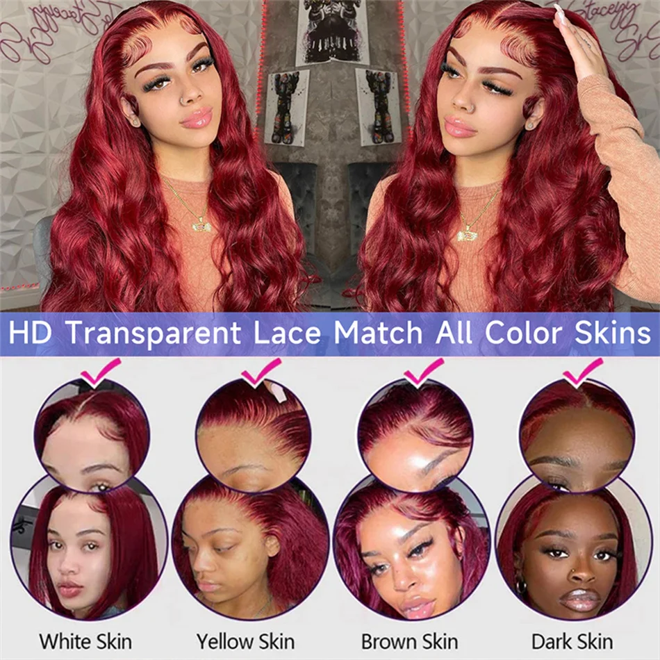 Borgonha Body Wave Lace Front Peruca de cabelo humano para mulheres, 99J Colorido, 13x4 HD Lace Frontal, Perucas Brasileiras, Vermelho, 180%