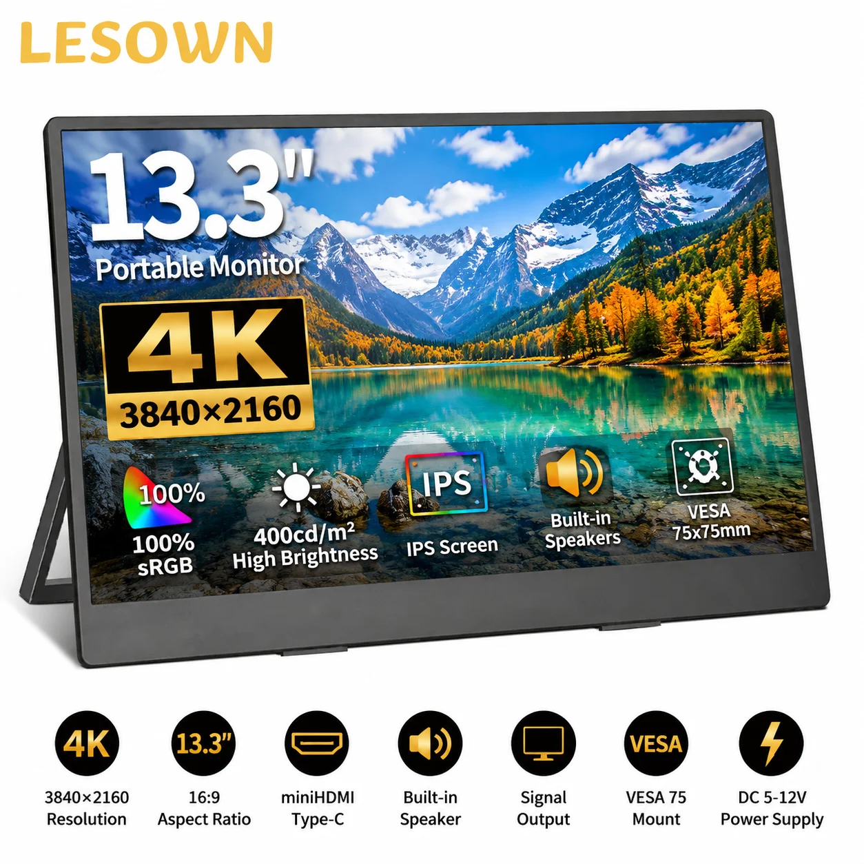 LESOWN 13.3 Inch 4K Portable Monitor UHD LCD External Display Driver-free Slim Screen for Laptop