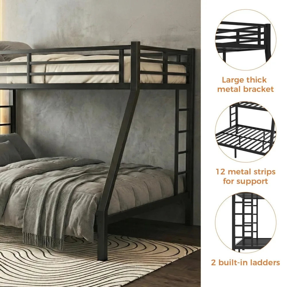 Heavy Duty Metal Bunk Bed Twin XL Over Queen Bunk Bed Frame for Adults Kids, Twin Over Queen Bunkbed with 2 Ladder, Customized view 3