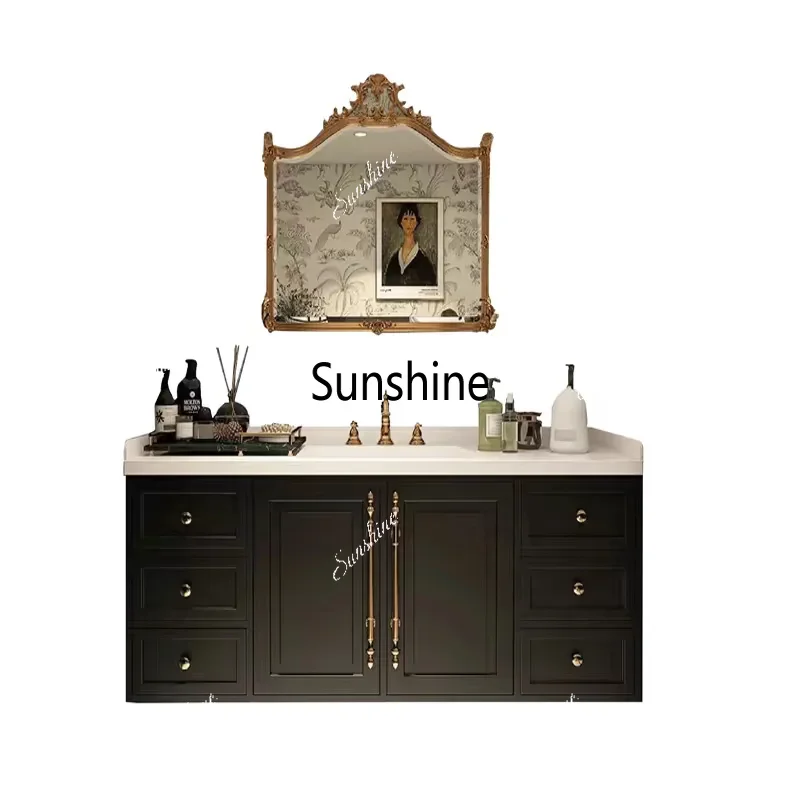 YFrench retro bathroom cabinet combination washstand rock slab hot bending ceramic integrated basin