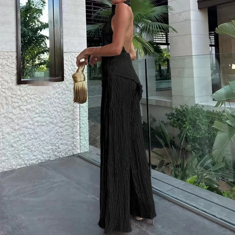 High street halter sem costas blusa & calças de perna larga conjunto verão elegante duas peças festa clube terno 2025 chique dobras roupa feminina