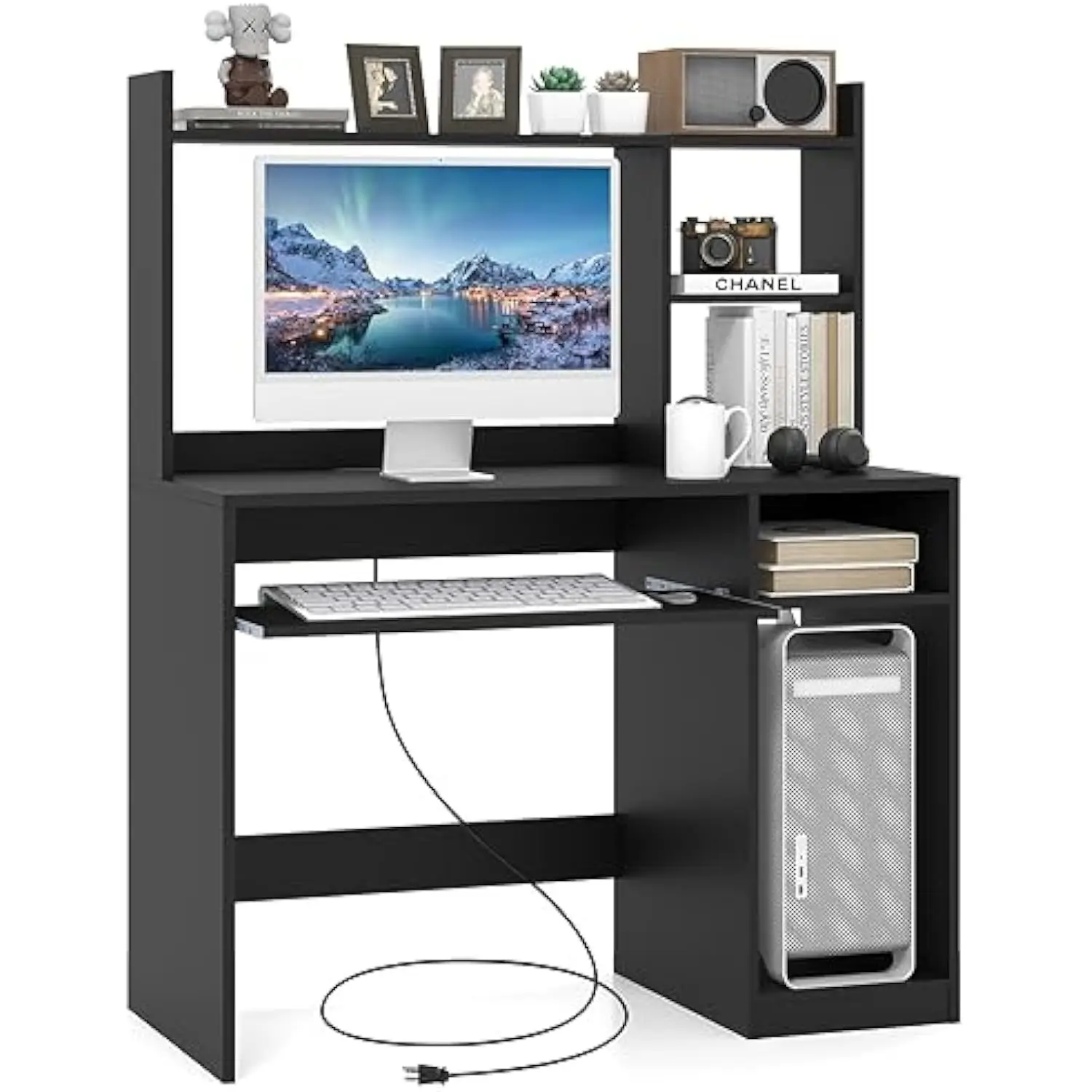 

Black Computer Desk with Storage Shelf, Wooden Writing Desk with Hutch, Office Desk with Cpu Stand & Keyboard Tray, Home Pc De
