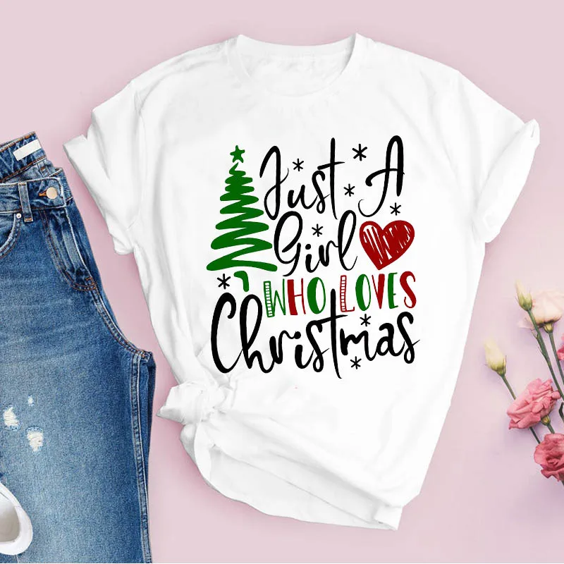 

Tees for Women Print Girl Love Tree Letter Holiday 90s Merry Christmas Vacation Lady Tops Clothing Wear T Shirt Graphic T-Shirt