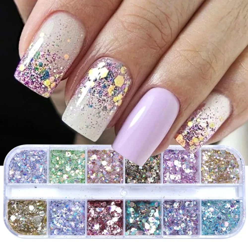 12 rejillas holográficas para uñas, copos de brillantina, lentejuelas, oro rosa, plata, manicura, lentejuelas para manicura, rodajas, decoración artística de uñas