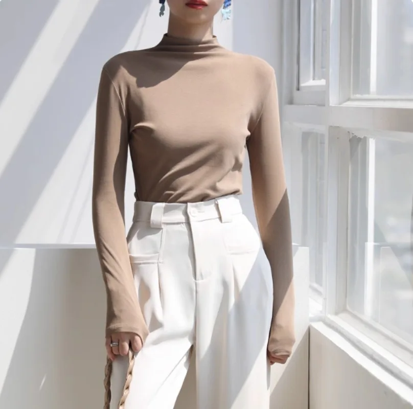 Autumn Winter Slim Fit Mock Neck Long Sleeve T Shirt for Women Solid Color Base Layer Soft Skin Friendly  Seamless Undershirt