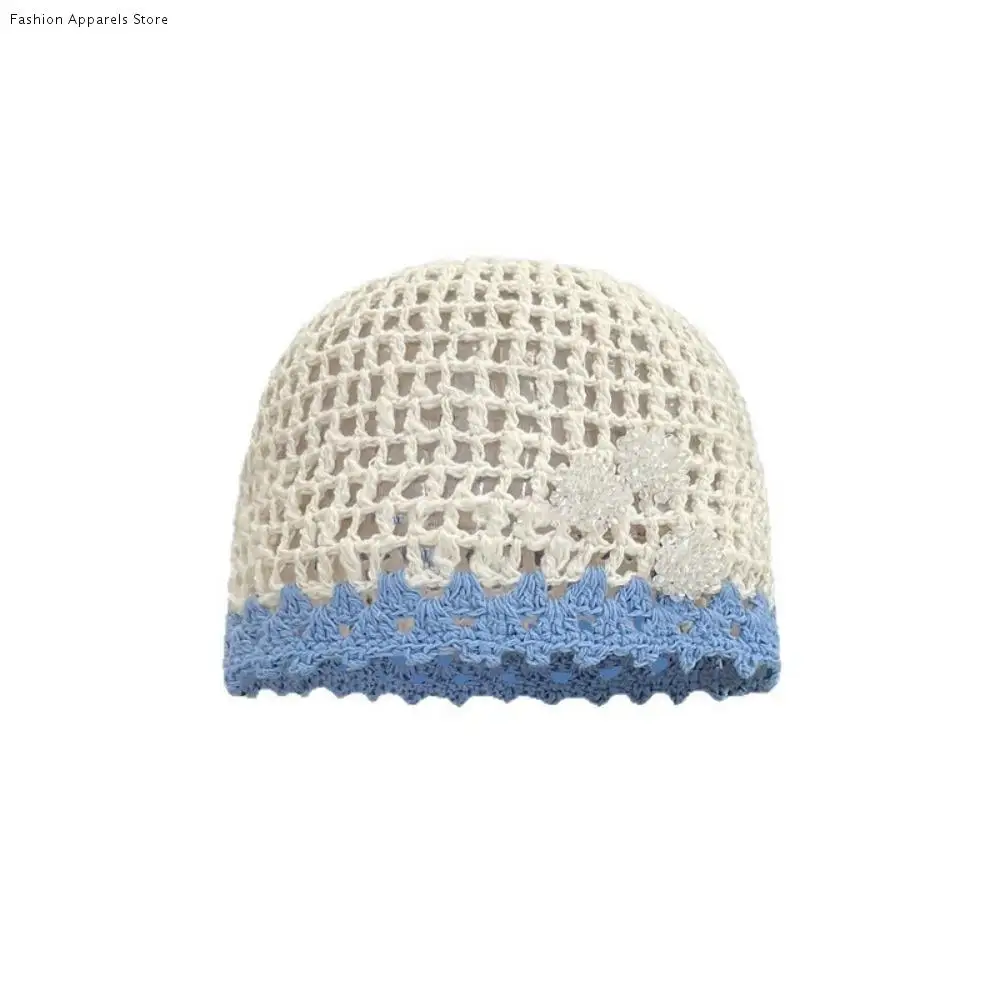 

Handmade Crochet Flower Hat Bohemian Style Korean Hollow Out Knitted Hat Ethnic Style Thin Beanies Hat Apparel Accessories