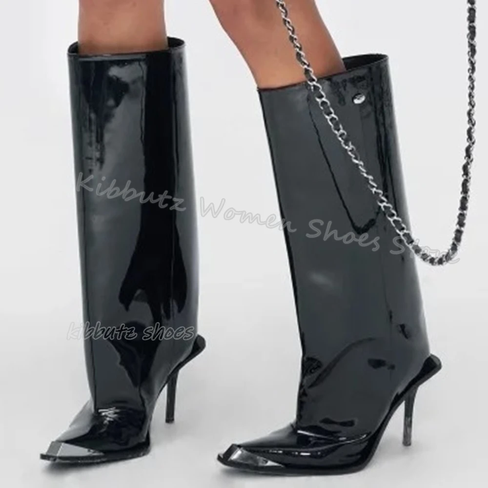 

Knee High Boots Genuine Leather Metal Toe Thin Heels Elegant Concise Fashion Sexy Solid Novelty Color Women Shoes Newest Slip-On