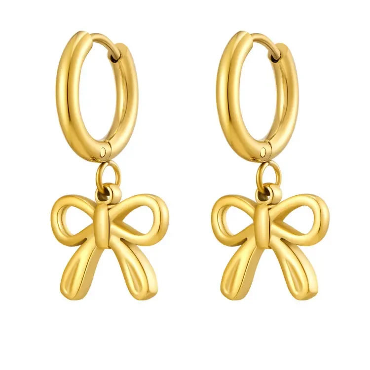 

French Dainty Bow Dangle Huggie Hoop Earrings Waterproof 18K Gold Plated Stainless Steel Cute Bow Drop Earrings for Women Girls